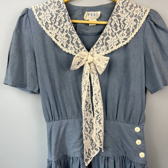 Vintage PERI Petites Cotton Modest Dress with Lace Collar and Tie Size M - Picture 2 of 11